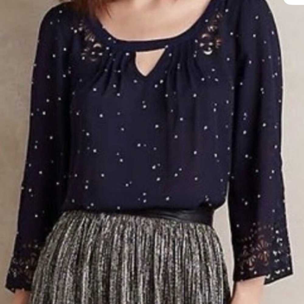 Anthropologie Maeve Navy Blouse with Cut Outs